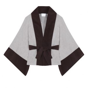 kimono corto tipo blazer de algodon con dibujo de espiga en tono crudo y bordes de terciopelo opaco color marron