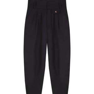 Pantalon chino negro de lino cintura alta con tablones y botones de madera