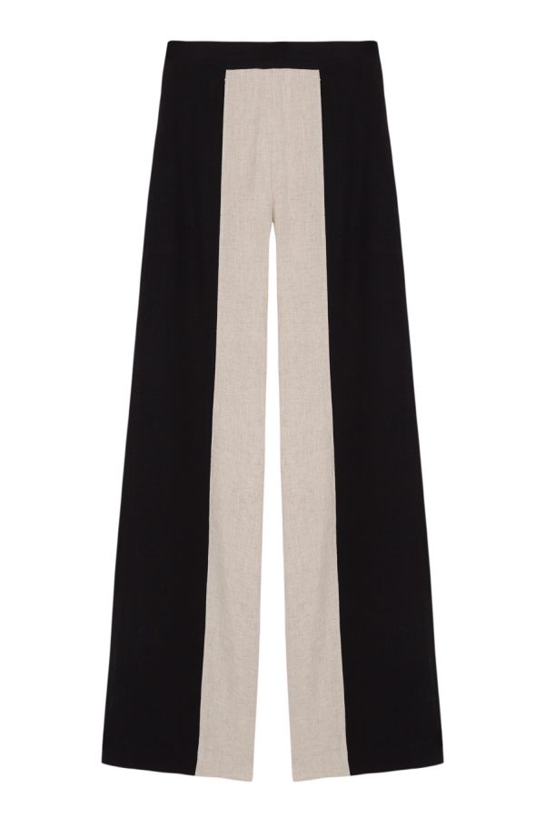 pantalon bicolor natural con negro, tiro alto y corte recto coleccion primavera verano paloma lajud