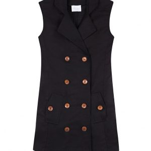 Vestido chaleco cruzado, de lino negro y botones de madera